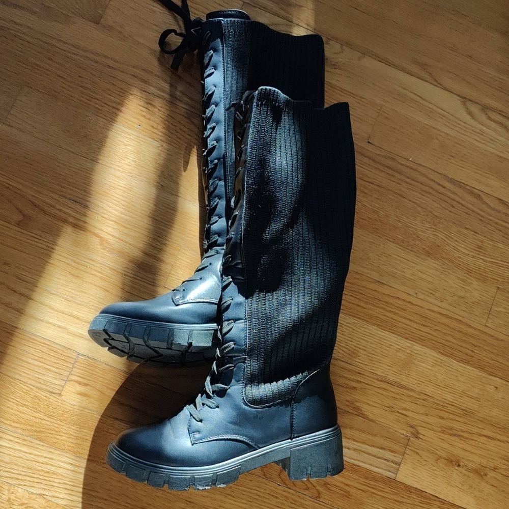 Wanted Black Over the Knee Boots with Lace-Up Design and Sturdy Sole